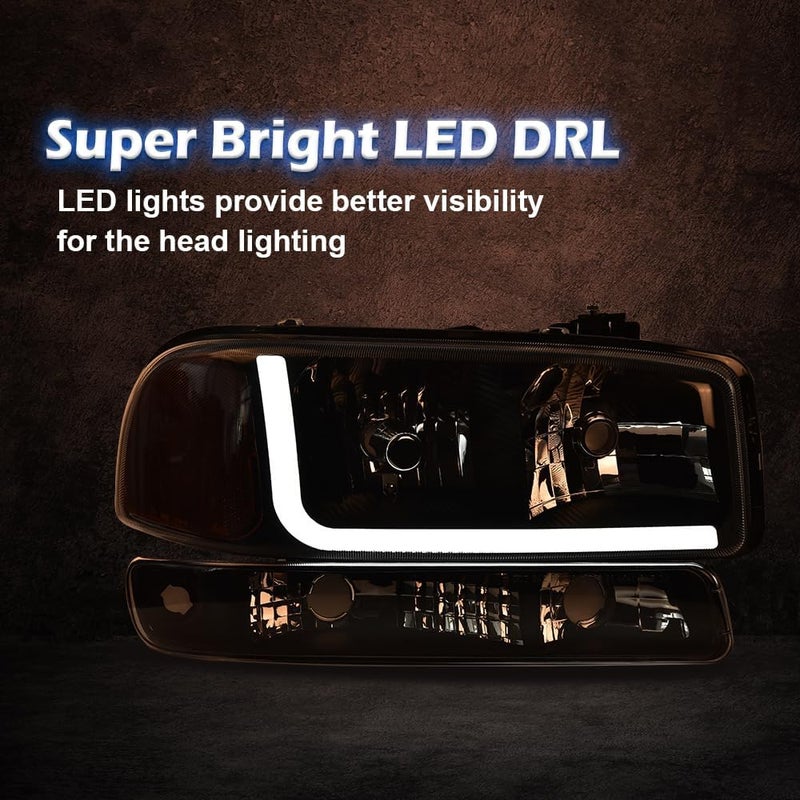 PIT66 LED Headlight Assembly, Compatible with 1999-2007 GMC Sierra, Fit 1999-2006 GMC Yukon, Replacement Headlamps Clear Lens Black Housing Amber Reflector - Image 4